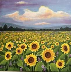 Buy Original Painting Sunflowers Field Clouds Landscape Signed 8x8 On Canvas Board • 26.87£
