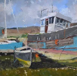 Buy Small Oil Painting Of Newlyn Habour At Low Tide With With  Old Fishing  Boats. • 60£
