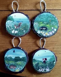 Buy New! Set Of Unusual 4 Hand Painted Animal/countryside On Wood Slices • 6£