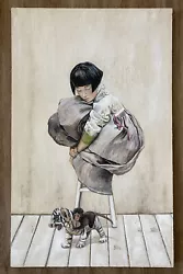 Buy Contemporary Portrait Young Asian Girl Hanbok Monkey Tiger Cub Wildlife Painting • 708.75£