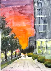 Buy Original Watercolor Cityscape City At Sunset People On The Street A4 Abstract • 38.04£