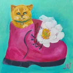 Buy Oil Painting Pet Portrait Red Cat Cute Ginger Kitten Sitting In Boot With Flower • 47.19£