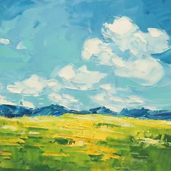 Buy 6x6 Landscape Oil Painting Cloud Painting Original Blue Sky Yellow Meadow Wall • 45.48£