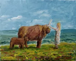 Buy Oil Painting Girl Child And Cow Cattle In Highland Hills Landscape Art By A. Jol • 99.22£