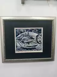 Buy Old Arab Charcoal  Painting Fish Animal Signed Soad M Black White Framed Artist  • 868.18£