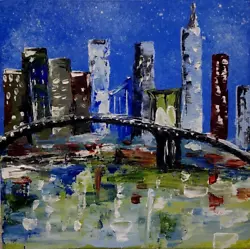Buy Oil Painting 6x6 . Night City. New York. Bridge. Modern Stylish Mini Art. • 28.94£