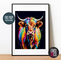 Buy Highland Cow Coo Paint Splash Picture Wall Art Print, Home Decor, Fun Vibrant • 3.99£