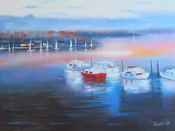 Buy Boats At Harbour Sea Side Ocean Boat Oil Painting Canvas Art Original Modern • 23.95£