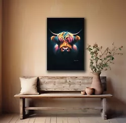 Buy Colourful Highland Cow Painting Large A2 Canvas Sherbet FREE DELIVERY • 19.99£