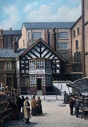 Buy Signed Original Vintage Oil Painting Old City Scene, Shudehill Market Manchester • 125£