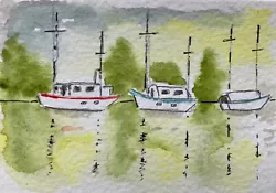 Buy Original Watercolour ACEO Of Moored Sail Boats. Watercolour Boats On River. • 3£