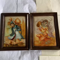 Buy Vintage Persian Painting Hand Painted On Leather..Lovely Wood Frame..X 2 Pics. • 70£