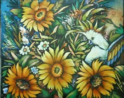 Buy Expressionist Oil Painting Sunflowers Cockatoo Bird On Canvas D Marie? • 73.96£