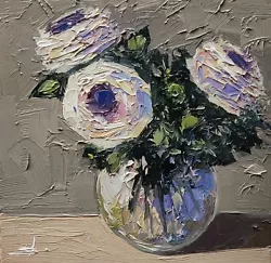 Buy White Roses Oil Painting Vivek Mandalia Impressionism Collectible 12x12 Original • 0.99£