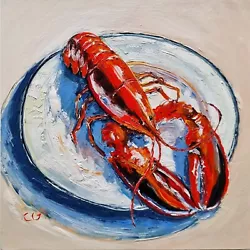 Buy Original Lobster Painting Still Life Artwork Seafood Kitchen Art Oil On Wood • 139.50£