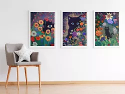 Buy Set Of 3 Black Garden Cat Prints Monet Style Flowers Painting Floral Art Poster • 16.99£
