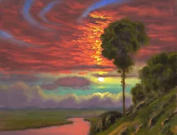 Buy Oil Painting Landscape Western Art Vintage Sunset Red Clouds Signed MAX COLE  • 1,133.99£