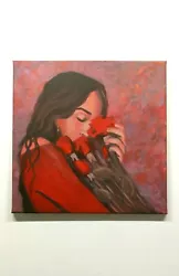 Buy Hand Painted Acrylic Painting On Stretched Square Canvas, Girl With Rose Bouquet • 144.07£
