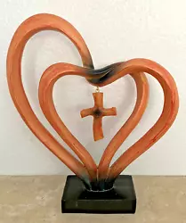 Buy NEW Stunning Wood-Faux Figurine. 2-Hearts & Christian Cross. Black Base 10hx4x2d • 15.71£