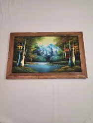 Buy Vintage Velvet Painting Mountain Landscape 22.5x14  Carved Wood Frame • 45.56£