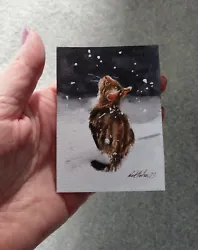 Buy Original, Not A Print ACEO Watercolour Miniature. Cat & Snowflakes. Collectable • 6£