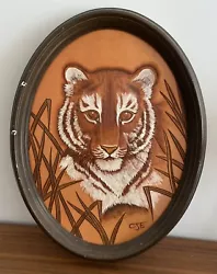 Buy Vintage Tiger Painting Leather Hand Tooled Painted Picture Signed Framed • 9.99£