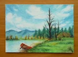Buy ACEO ATC Lake Forest Boat Landscape Original Miniature Watercolor Painting Art • 5.79£