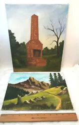 Buy 2 VTG 1950's Acrylic Board Paintings Rustic Outdoor Fireplace & Mountain Scape • 24.57£