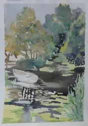 Buy Original Watercolour Painting Landscape With River, Boat And Trees. • 11£