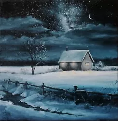 Buy Landscape Original Oil Painting 12x12 In (30x30 Cm) Realistic Winter Night • 181.12£