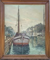 Buy Oil Painting Hans Kruuse 1893-1964 Boats IN City Harbor Kopenhagen Denmark • 179.93£