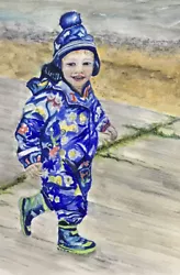 Buy Card Off Original Watercolour  Little Boy On The Seafront In Wellies And  Suit • 1.69£