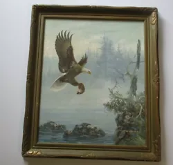 Buy Vintage Oil Painting Realistic Eagle With Fish Landscape Wildlife Nature Elliot • 680.40£