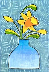 Buy Original Painting Of Daffodils In Vase,Folk Art On Book Cover, Flowers, Spring • 20£