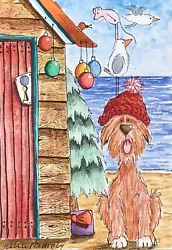 Buy ACEO Original Watercolour Painting Seaside, Beach Hut, Dog, Baubles, Christmas • 10.50£