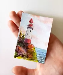 Buy Aceo Original Art Paintings Seascape Lighthouse Small Painting Size 2.5 X 3.5 In • 12.40£