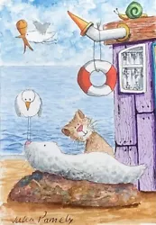 Buy ACEO Original Watercolour Painting Seaside, Beach Hut, Cat, Seal, Gull, Snail • 6.50£