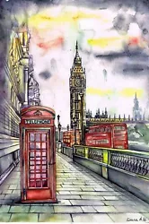 Buy LONDON Big Ben, Red Telephone Box Original Watercolour Painting , Not A Print, 3 • 115.99£