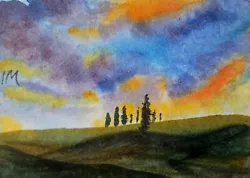Buy ACEO Original Painting Landscape Art Hills Trees Fields Clouds Watercolour • 5.50£
