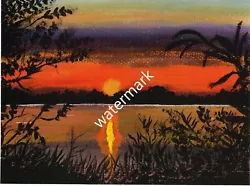 Buy Print Watercolour Painting Sunset Lake Reflection Hills Trees Colourful Scene • 1£