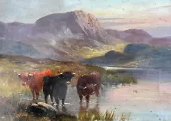 Buy Highland Cows Loch Scottish Mountain H. Coleman C. 1905 Oil On Canvas 41 X 31 Cm • 225£