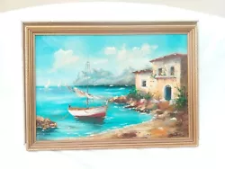 Buy Original Oil On Canvas Painting Of A Mediterranean Coast Scene With Fishing Boat • 29.95£