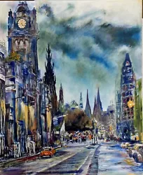 Buy Edinburgh Princes Street Original Oil Painting 24  × 19  Moody Sky Landscape  • 165£