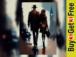 Buy Elegant London Romance Art Print - Rainy City Lovers Walk 5  X 7  Painting • 4.99£