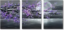 Buy Purple Plum Blossom Flower Print Painting On Canvas Black And White Full Moon On • 50.76£