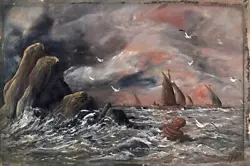 Buy BOATS & SEAGULLS OFF ROCKY COASTLINE Oil Painting On Panel 20TH CENTURY - SIGNED • 40£