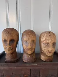 Buy Group Of 3 Antique 19thC Folk Art Carved Wood Head, Wigmaker, Milliner Head • 751.27£