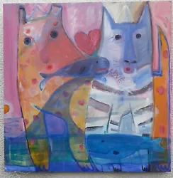 Buy 0riginal Painting Acrylic On Canvas Stylised Animals Cats Whales Composition  • 275£