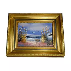 Buy Original PAINTING Small Gold Gilt Framed BIRDS Cloud SEA WAVES Boat SIGNED 8x10  • 64.50£