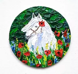 Buy Horse Oil Painting Poppy Widflower Meadow Original Art Round Miniature 4x4in • 24.81£
